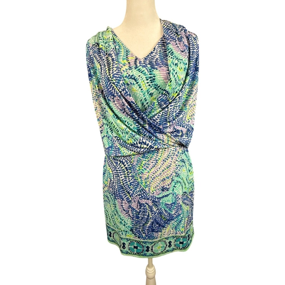 Lilly Pulitzer Dress XS Green Blue Abstract Draped V-Neck Shift Summer Vacation